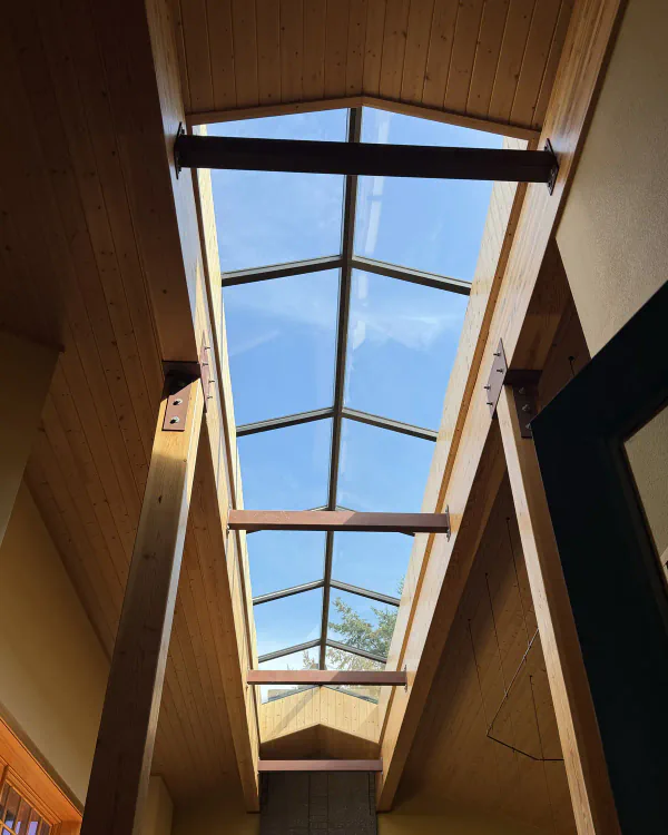 Looking up through a row of clean skylights in a wood-beamed ceiling.